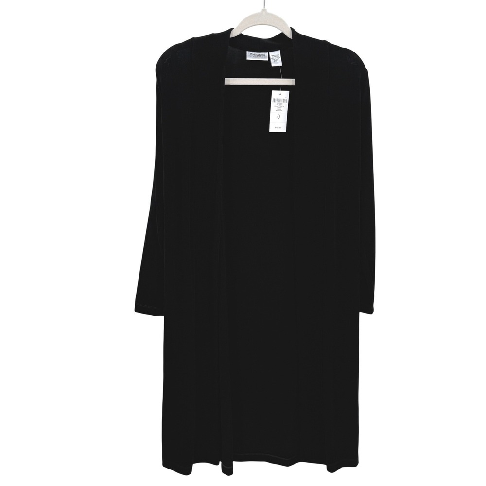 Chicos Travelers Dramatic Duster Jacket Black Open Front Cardigan Size 0 NEW‎